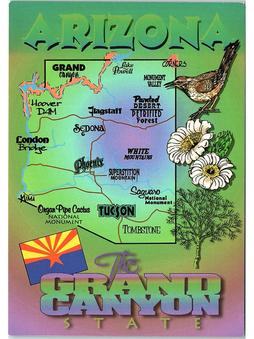 Vintage Postcard Arizona Grand Canyon State Facts and Symbols